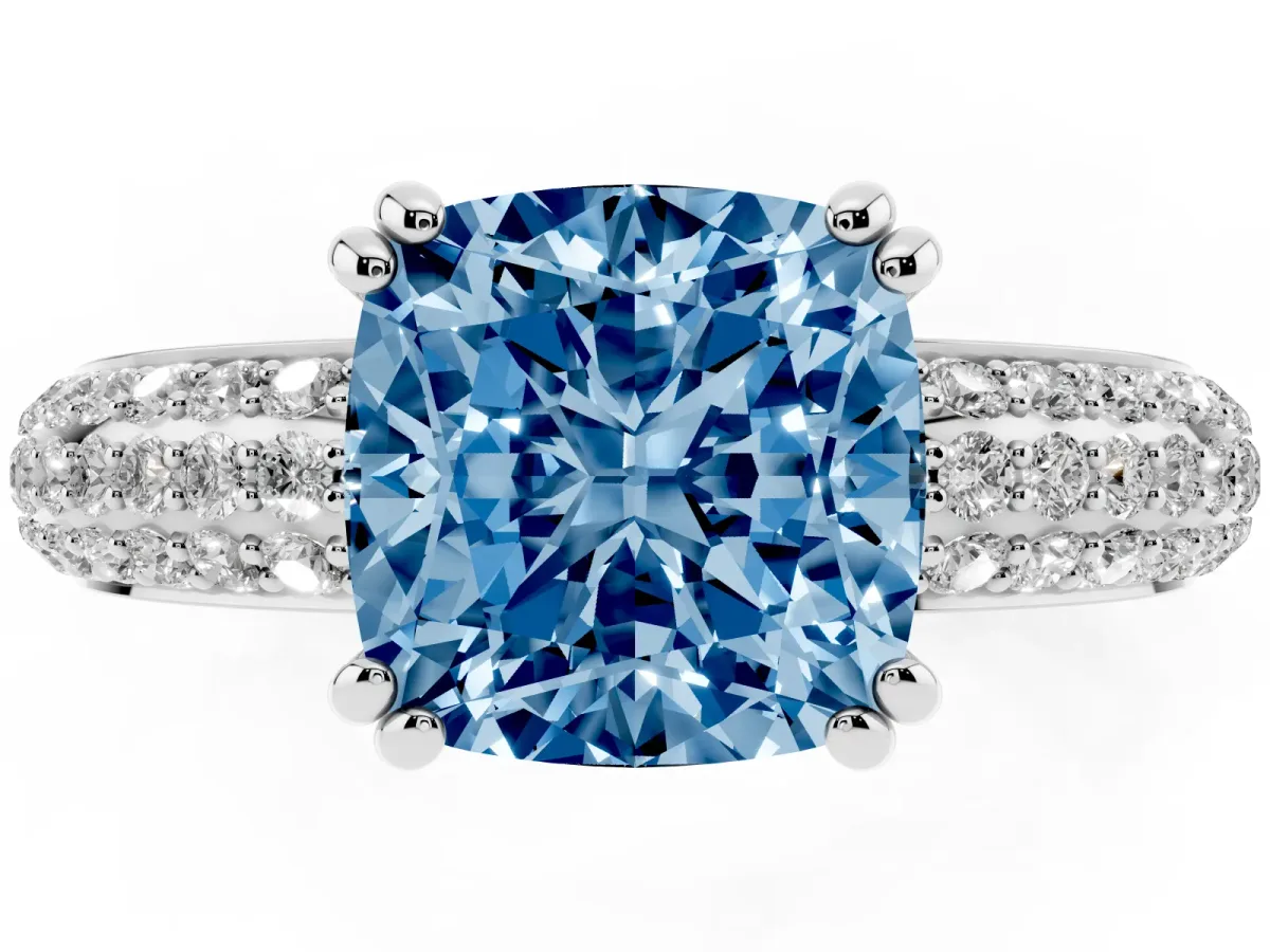 Fancy Blue Cushion Cut Diamond Solitaire Ring with Multi-Row Round Pavé Band and Prong Setting Silver