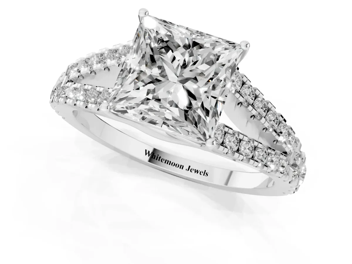 Princess Cut Diamond Split Shank Engagement Ring with Round Pavé and Prong Setting Platinum