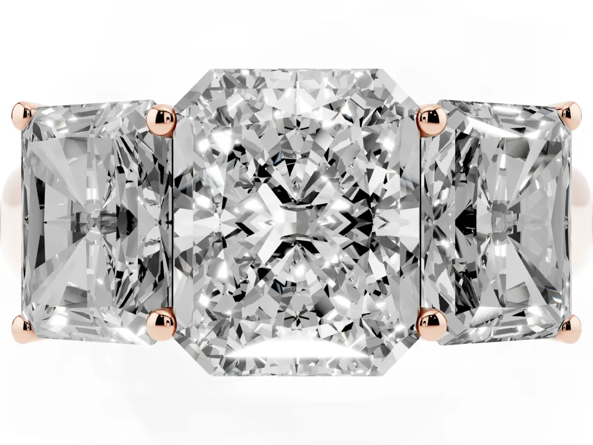 Radiant Cut Three-Stone Diamond Ring with Prong Setting on a Classic Band Rose gold