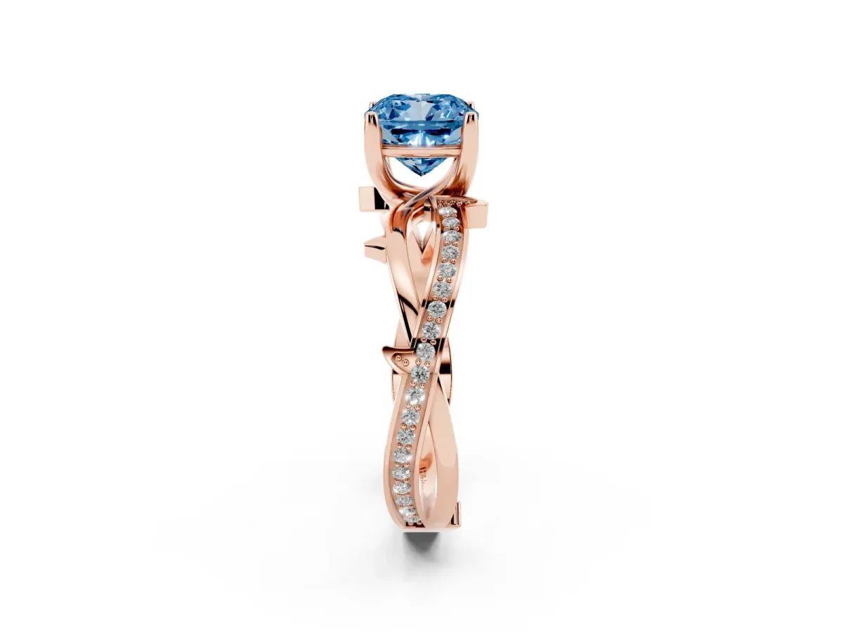Fancy Blue Cushion Cut Solitaire Twist Band with Pavé Accents and Four-Prong Setting Rose gold