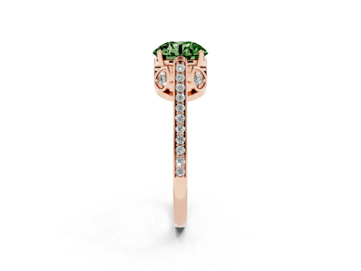 Fancy Green Round Cut Cut Cathedral Pave Diamond Engagement Ring with Six-Prong Setting Rose gold
