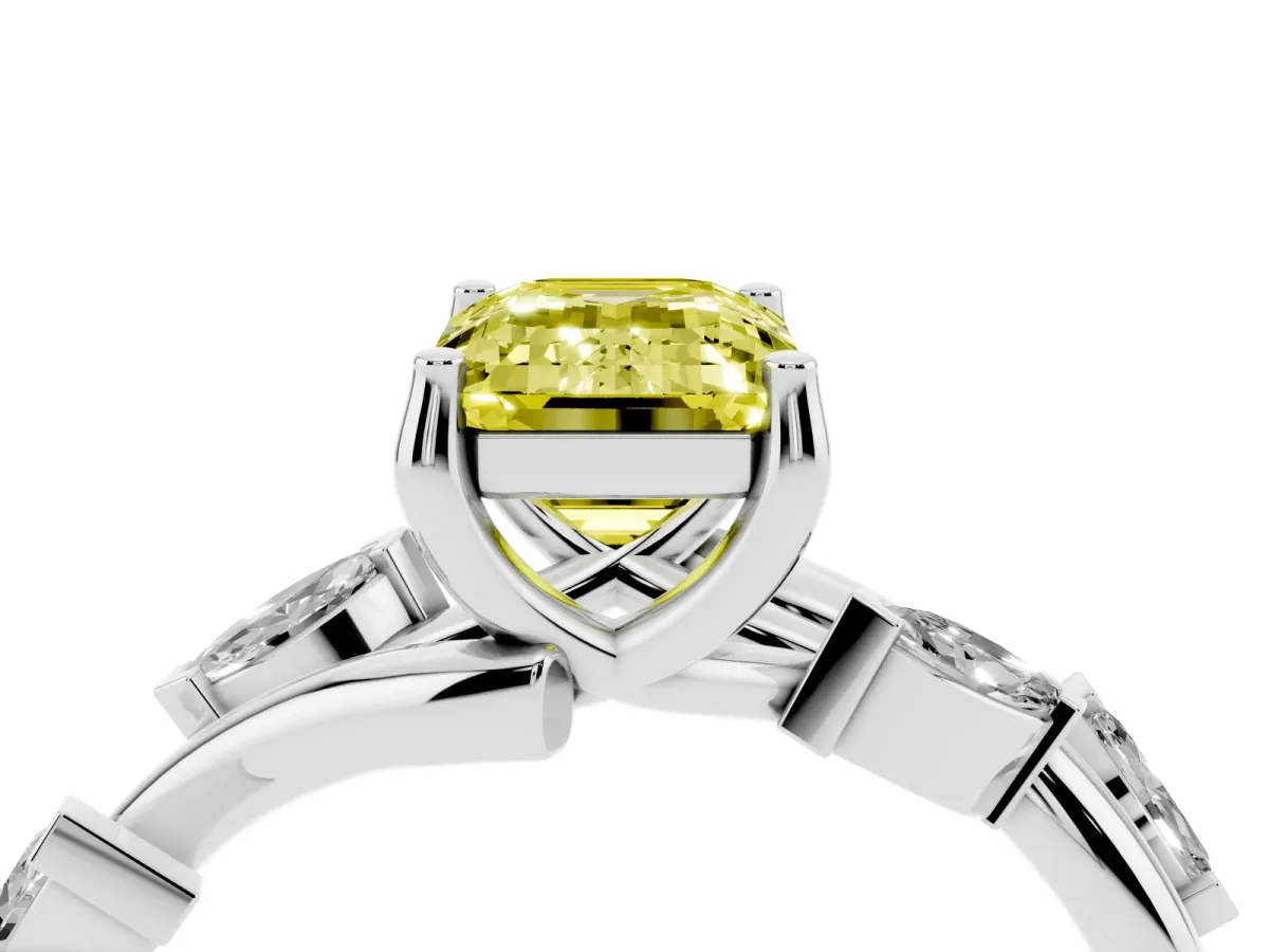 Fancy Yellow Emerald Cut Solitaire Twisted Band Marquise Accent Prong Setting Ring White gold