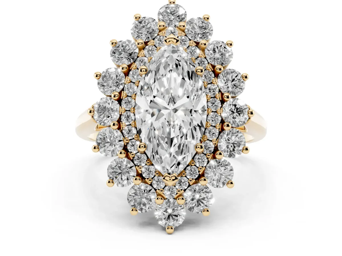Marquise Cut Diamond Floral Double Halo Engagement Ring with Prong Setting Yellow gold