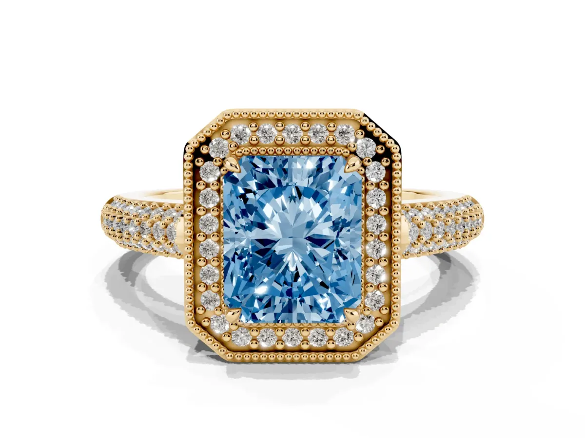 Fancy Blue Radiant Cut Cut Halo Diamond Pave Band with Four-Prong Setting Yellow gold