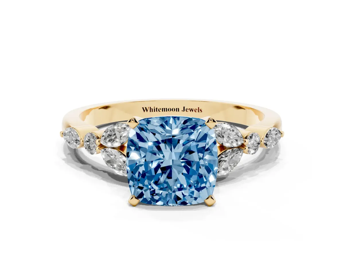 Fancy Blue Cushion Cut Diamond Solitaire Ring with Side Stones and Four-Prong Setting Yellow gold