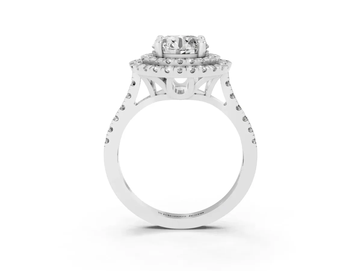Double Halo Round Cut Diamond Pavé Band with Four-Prong Setting Silver