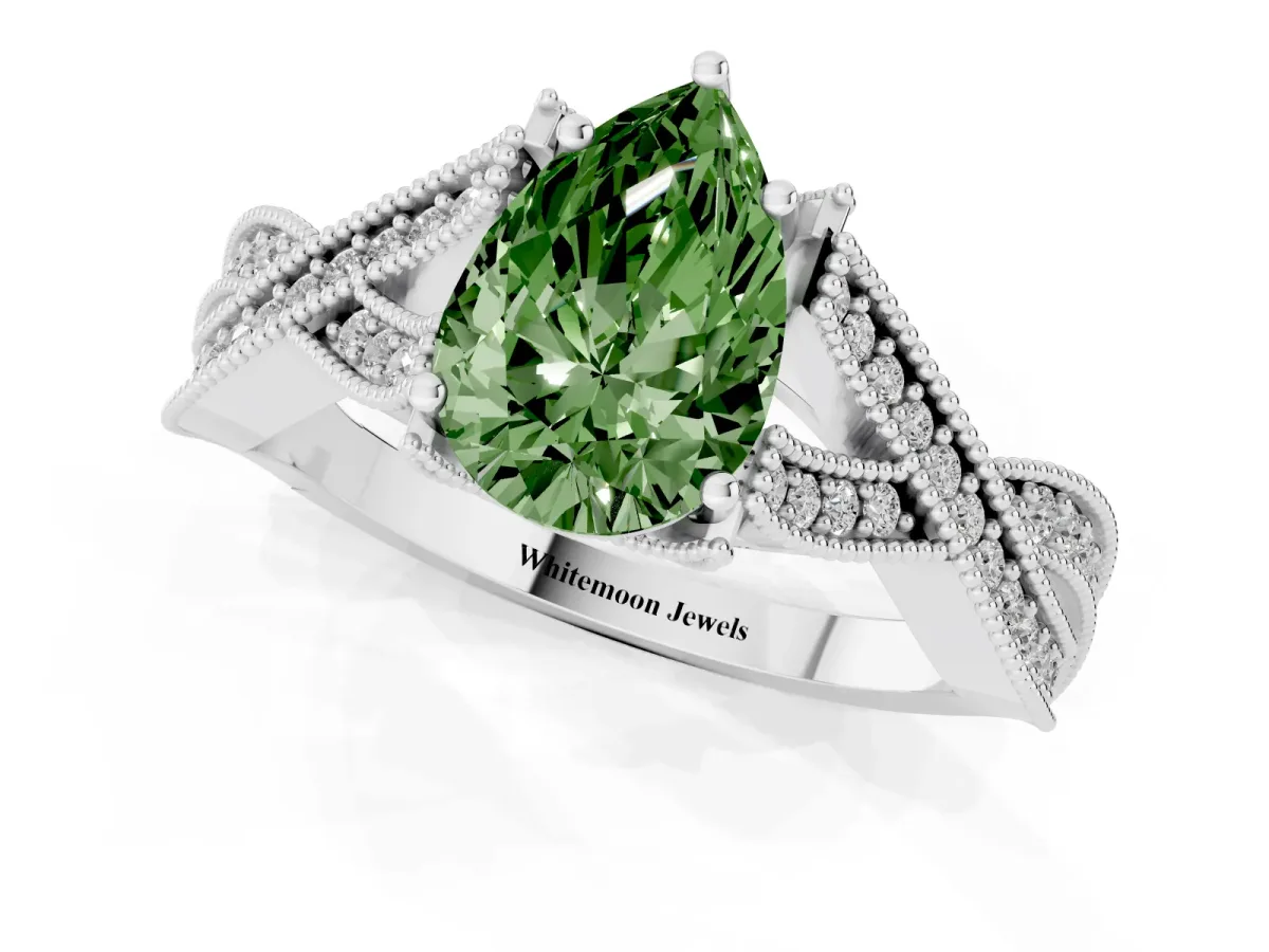 Fancy Green Pear Cut Cut Diamond Twisted Band with Milgrain Pave Setting and Four-Prong Setting Silver