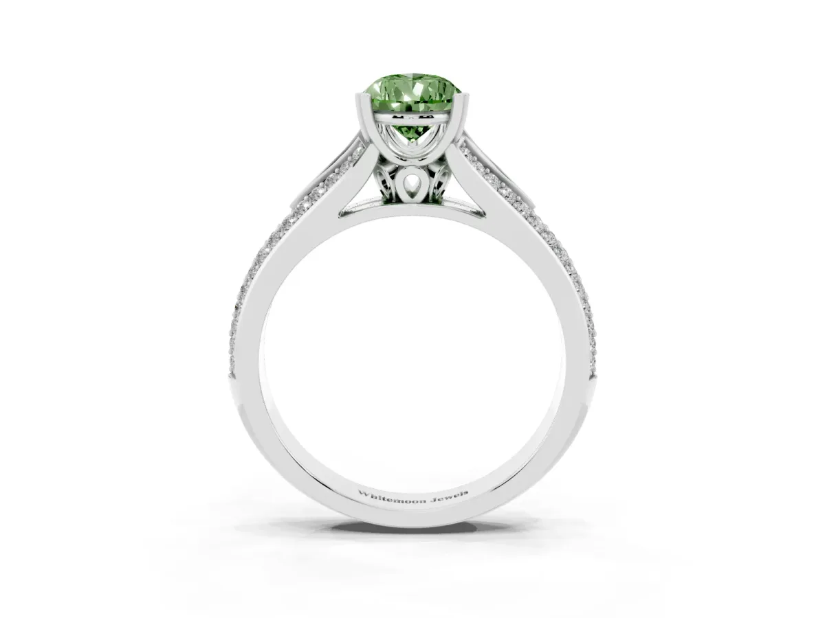 Fancy Green Pear Cut Diamond Split Shank Engagement Ring with Pavé Band Silver