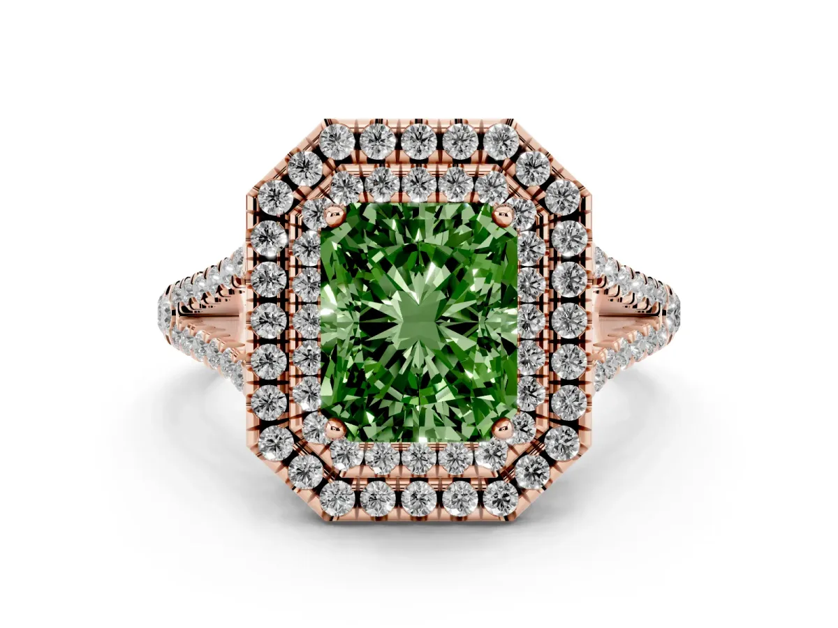Fancy Green Radiant Cut Diamond Double Halo Ring with Pavé Band and Prong Setting Rose gold