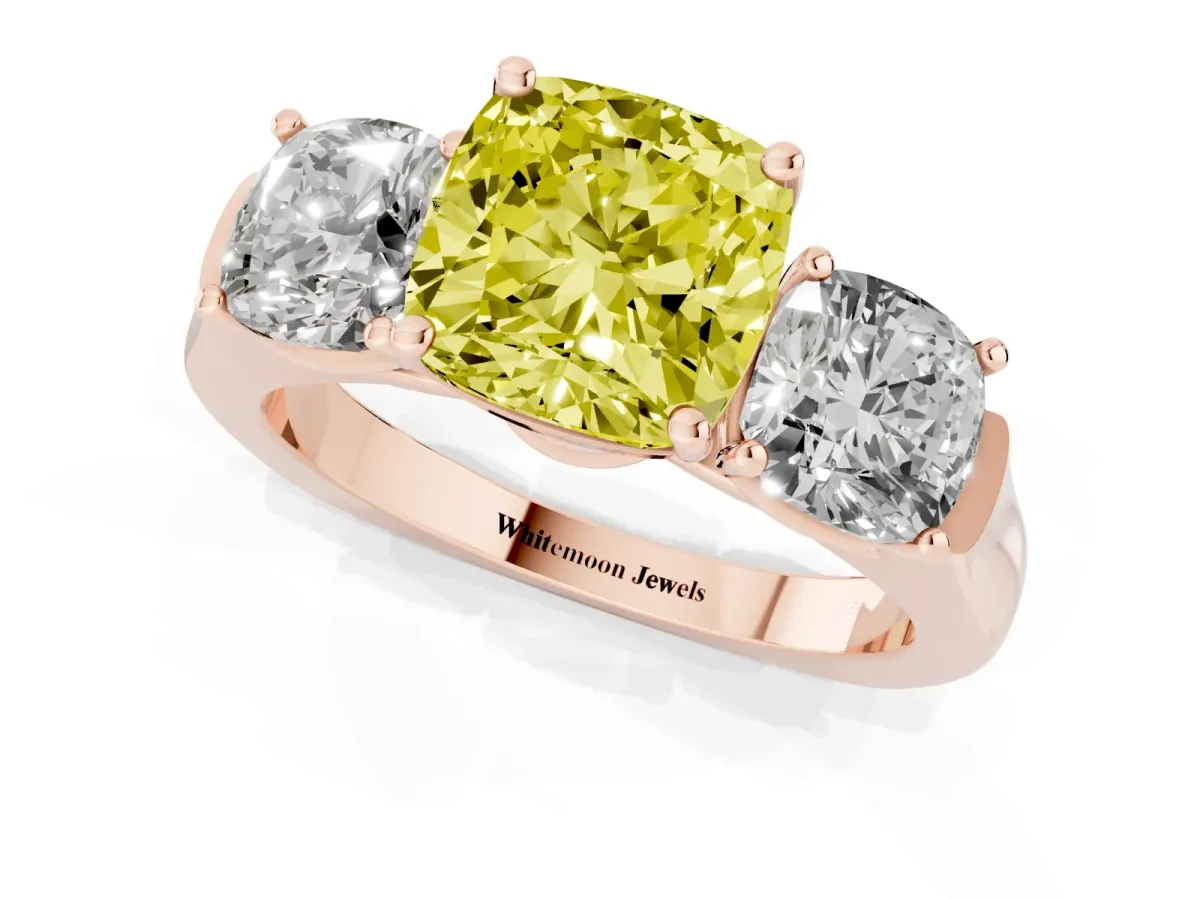 Fancy Yellow Three-Stone Cushion Cut Brilliant Diamond Trellis Ring with Comfort Fit Band Rose gold