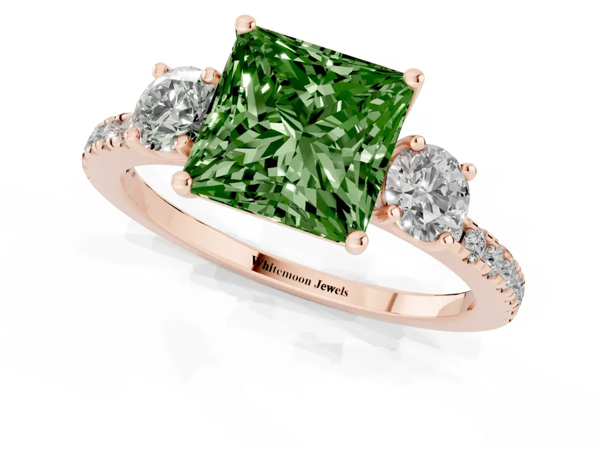 Fancy Green Three-Stone Princess Cut Cut Diamond Pavé Band with Prong Setting Rose gold