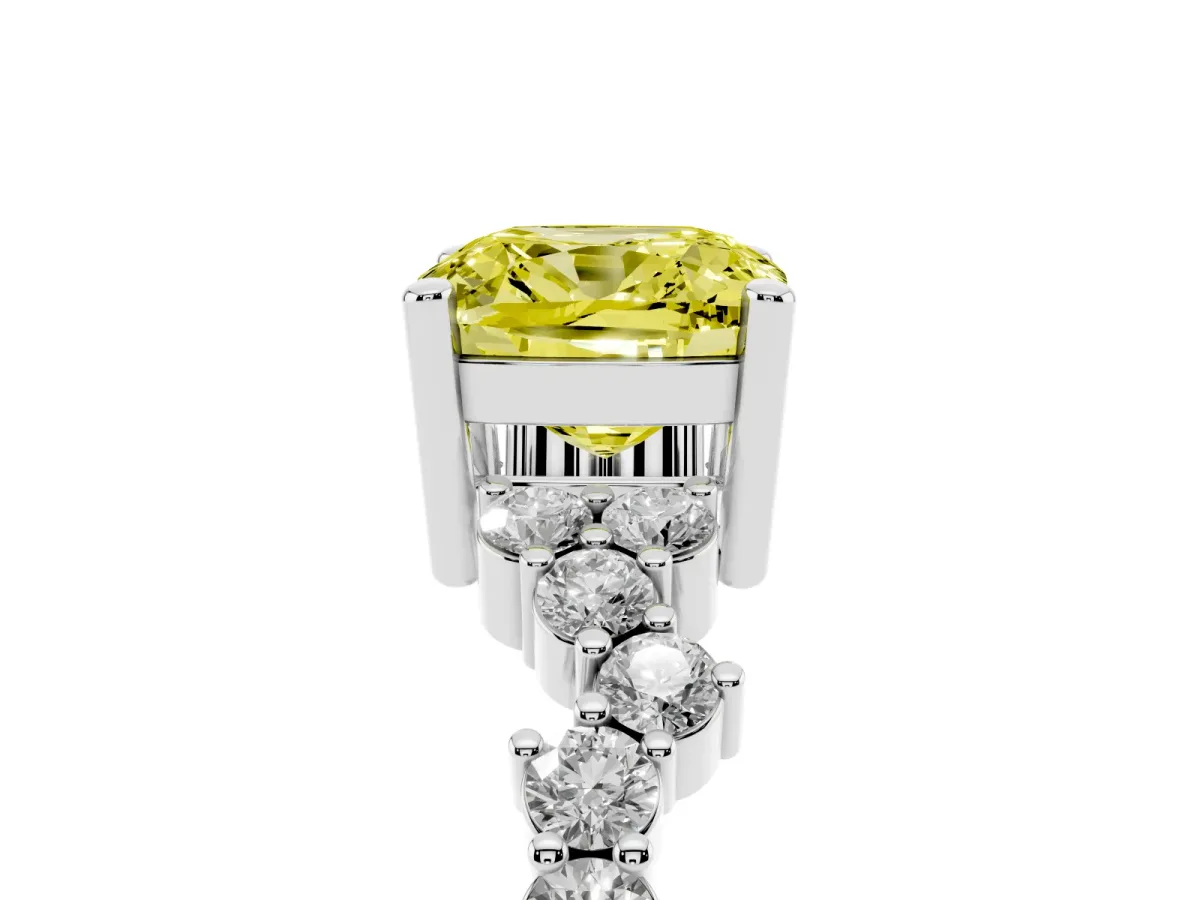 Fancy Yellow Cushion Cut Diamond Scattered Round Accent Ring with Prong Setting White gold