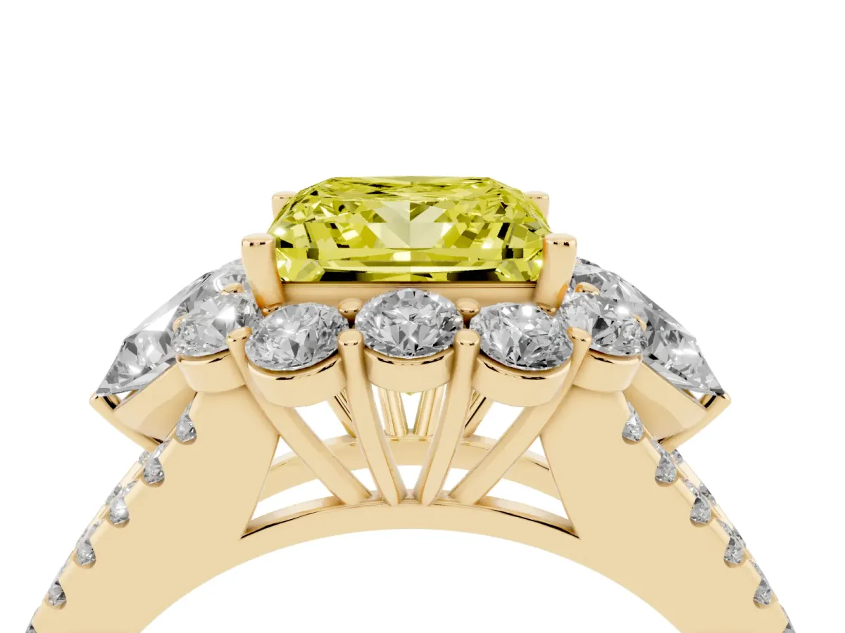 Fancy Yellow Princess Cut Halo Split Shank Diamond Engagement Ring with Prong Setting Yellow gold