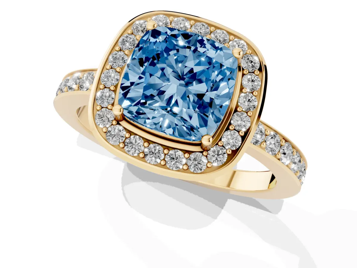 Fancy Blue Cushion Cut Diamond Halo Ring with Bezel Frame and Pavé Band Yellow gold