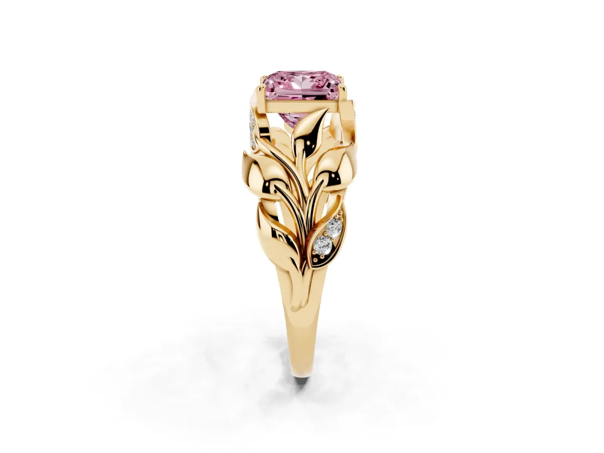 Fancy Pink Princess Cut Diamond Leaf-Inspired Engagement Ring with Round Accents and Prong Setting Yellow gold
