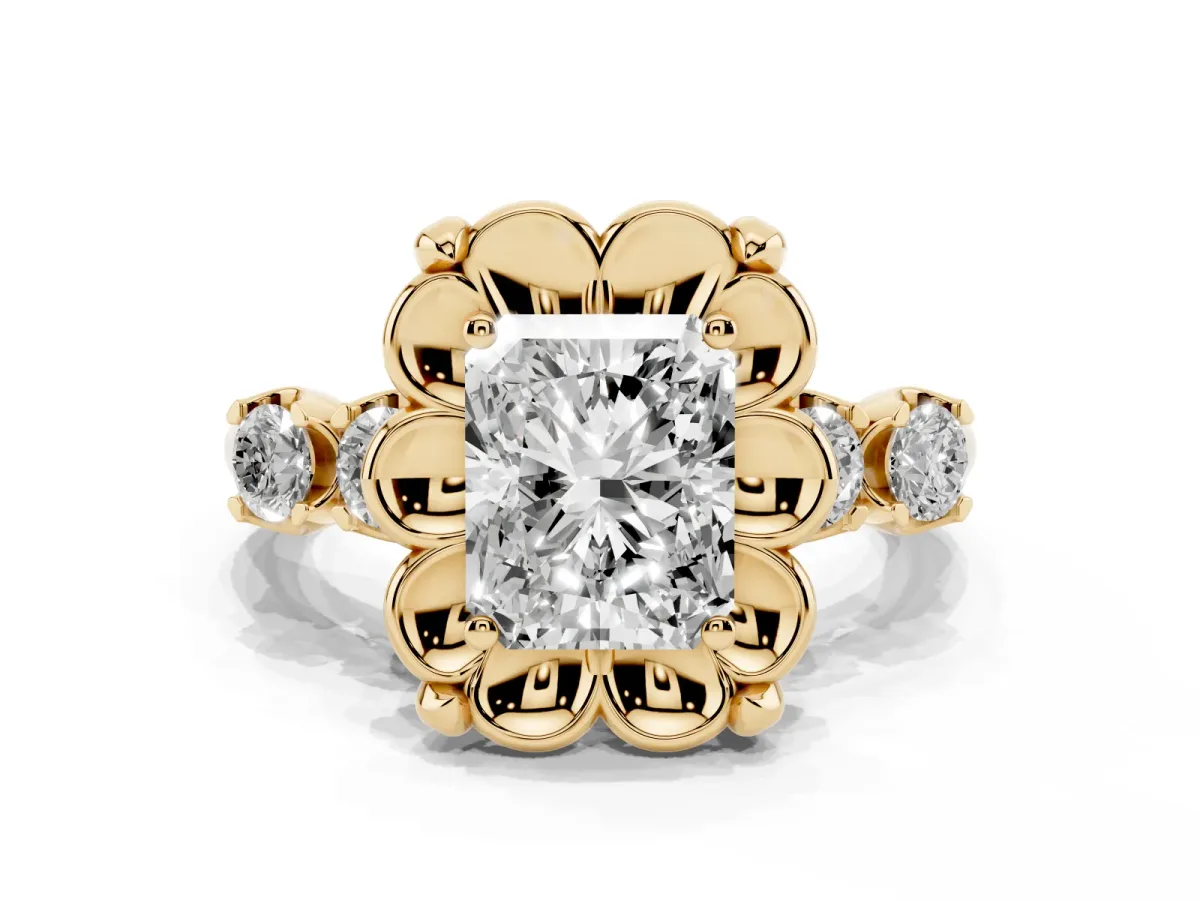 Radiant Cut Cut Diamond Floral Halo Engagement Ring with Shared Prong Setting Yellow gold