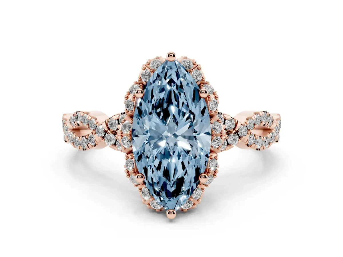 Fancy Blue Marquise Cut Halo Twist Band Solitaire Ring with Six-Prong Setting Rose gold