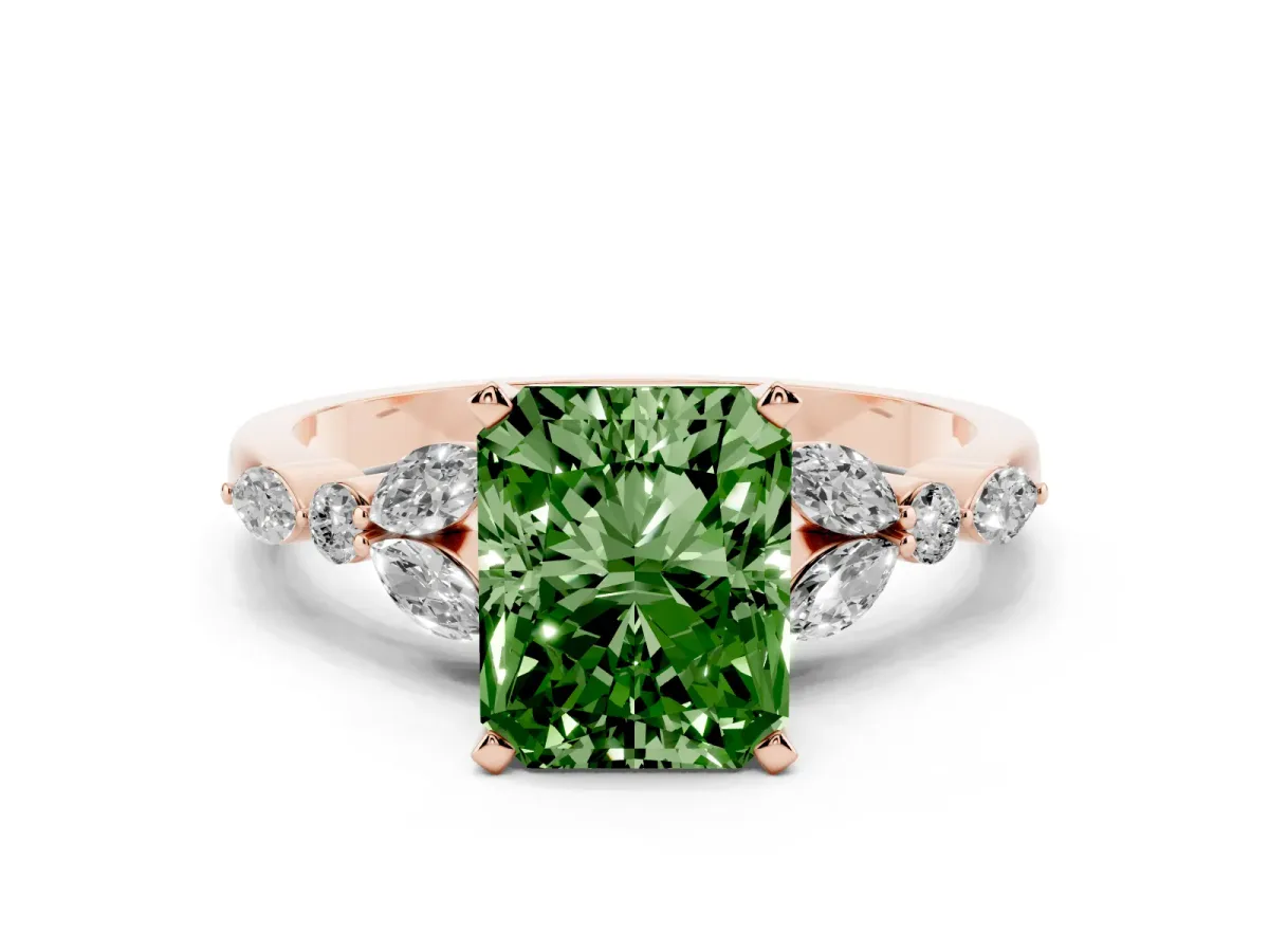 Fancy Green Radiant Cut Diamond Solitaire Ring with Side Stones and Four-Prong Setting Rose gold