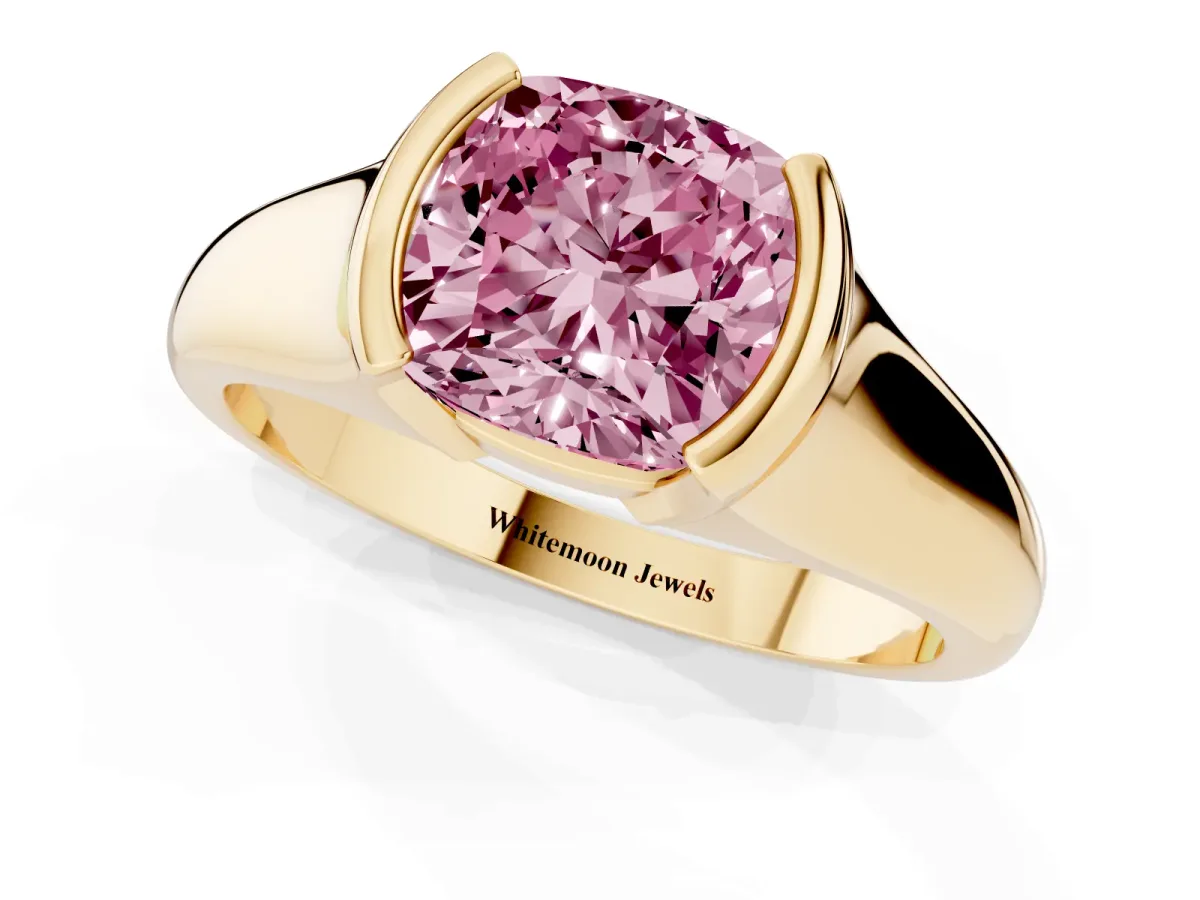 Fancy Pink Cushion Cut Solitaire Tension Set Diamond Ring with Split Shank Band Yellow gold