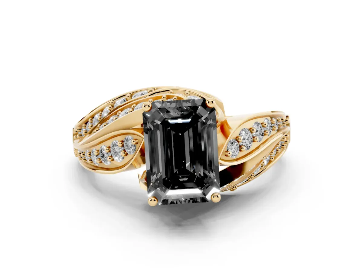 Fancy Black Emerald Cut Diamond Solitaire Ring with Prong Setting and Twisted Pavé Band Yellow gold