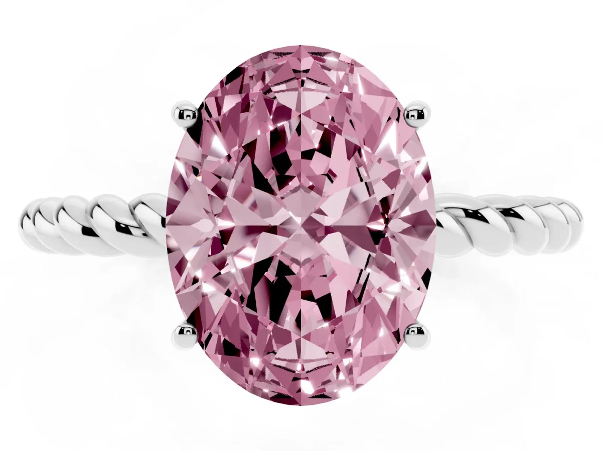 Fancy Pink Oval Cut Solitaire Twist Band Ring with Four-Prong Setting White gold