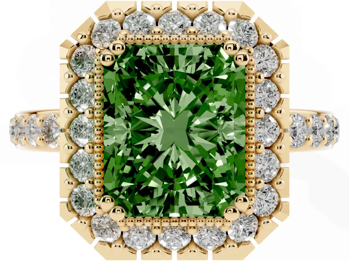 Fancy Green Radiant Cut Diamond Halo Ring with Pavé Band and Prong Setting Yellow gold