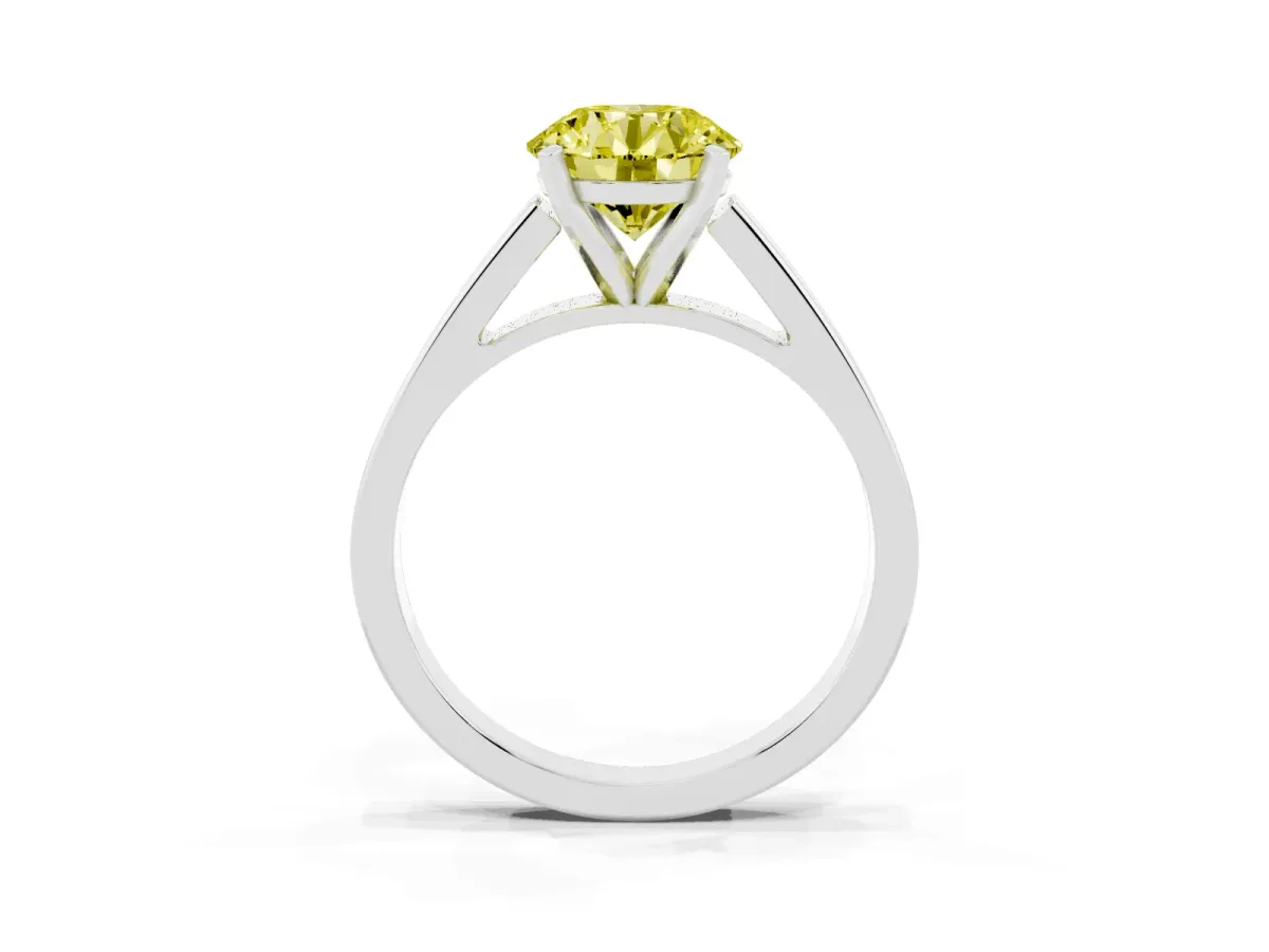 Fancy Yellow Round Cut Solitaire Engagement Ring with Four-Prong Setting and Tapered Band Silver