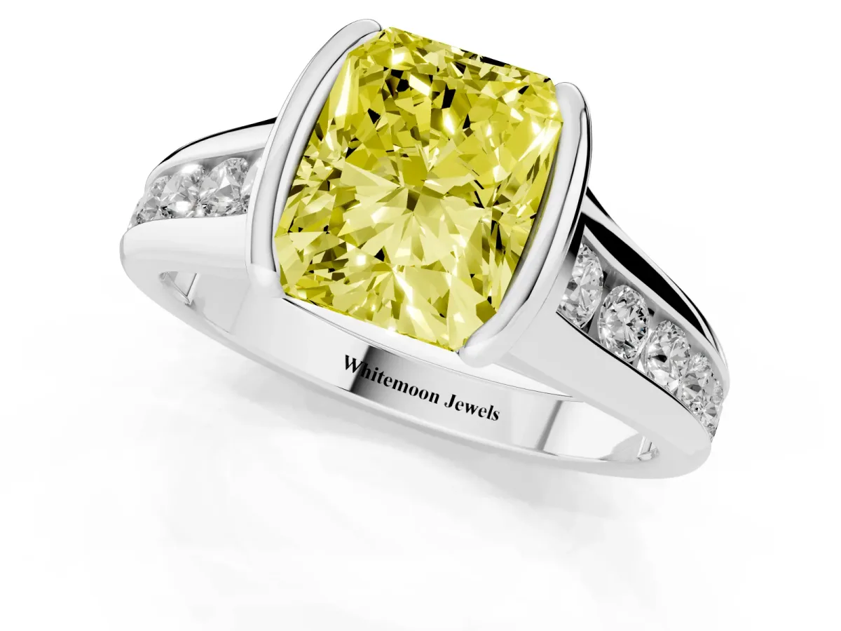 Fancy Yellow Radiant Cut Solitaire Bezel-Set Diamond Ring with Channel-Set Band Silver