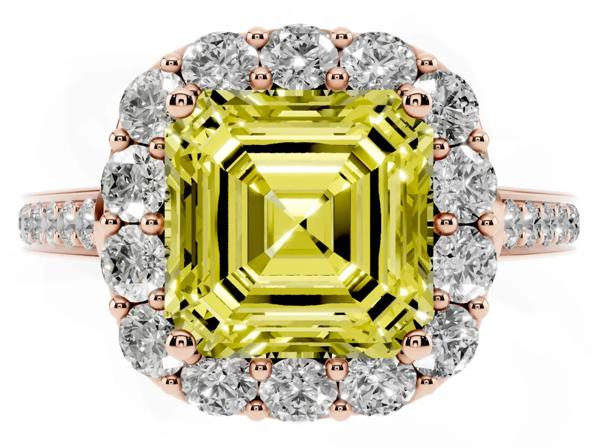 Fancy Yellow Asscher Cut Diamond Floral Halo Ring with Pavé Band and Prong Setting Rose gold