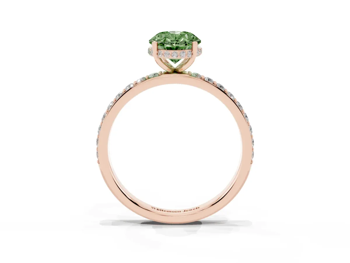 Fancy Green Oval Cut Diamond Solitaire Ring with Pavé Band and Hidden Halo Rose gold