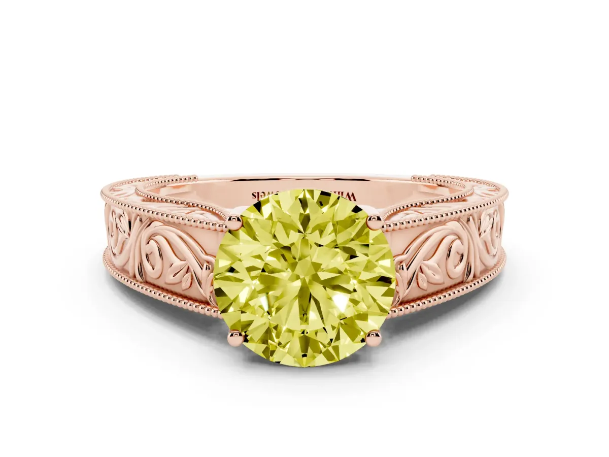 Fancy Yellow Round Cut Diamond Solitaire Ring with Engraved Band and Four-Prong Setting Rose gold