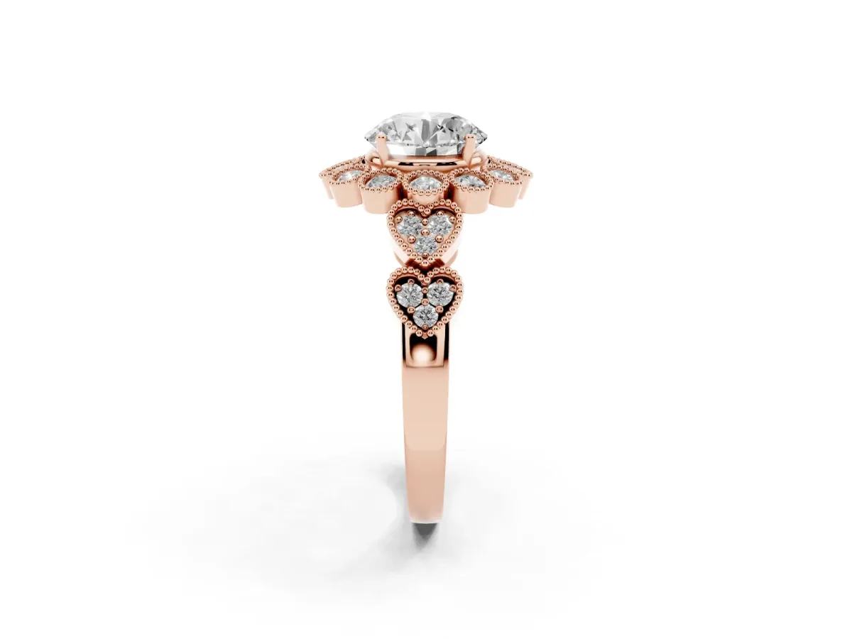 Round Cut Brilliant Milgrain Pave Heart Band Solitaire Ring Rose gold