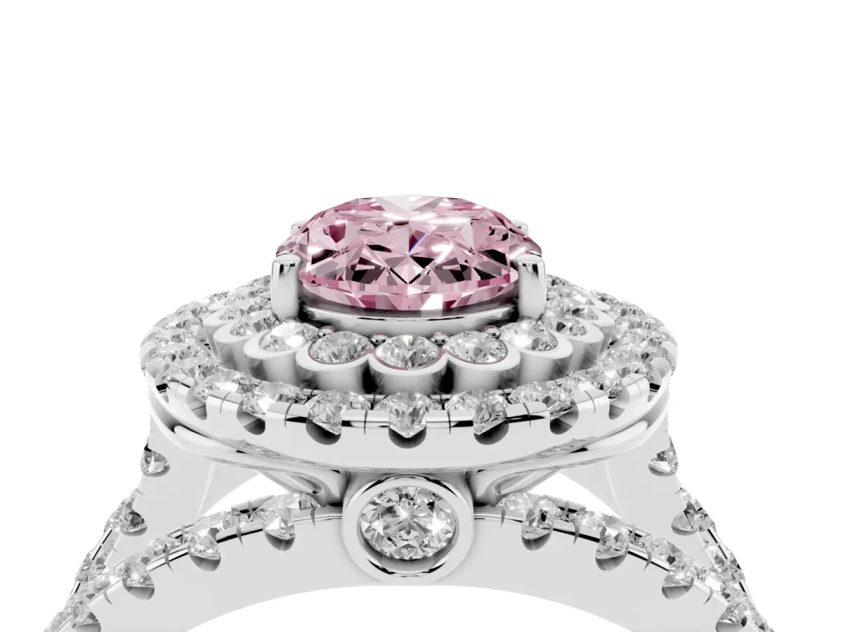 Fancy Pink Oval Cut Diamond Double Halo Ring with Round Pavé Split Shank and Prong Setting Silver