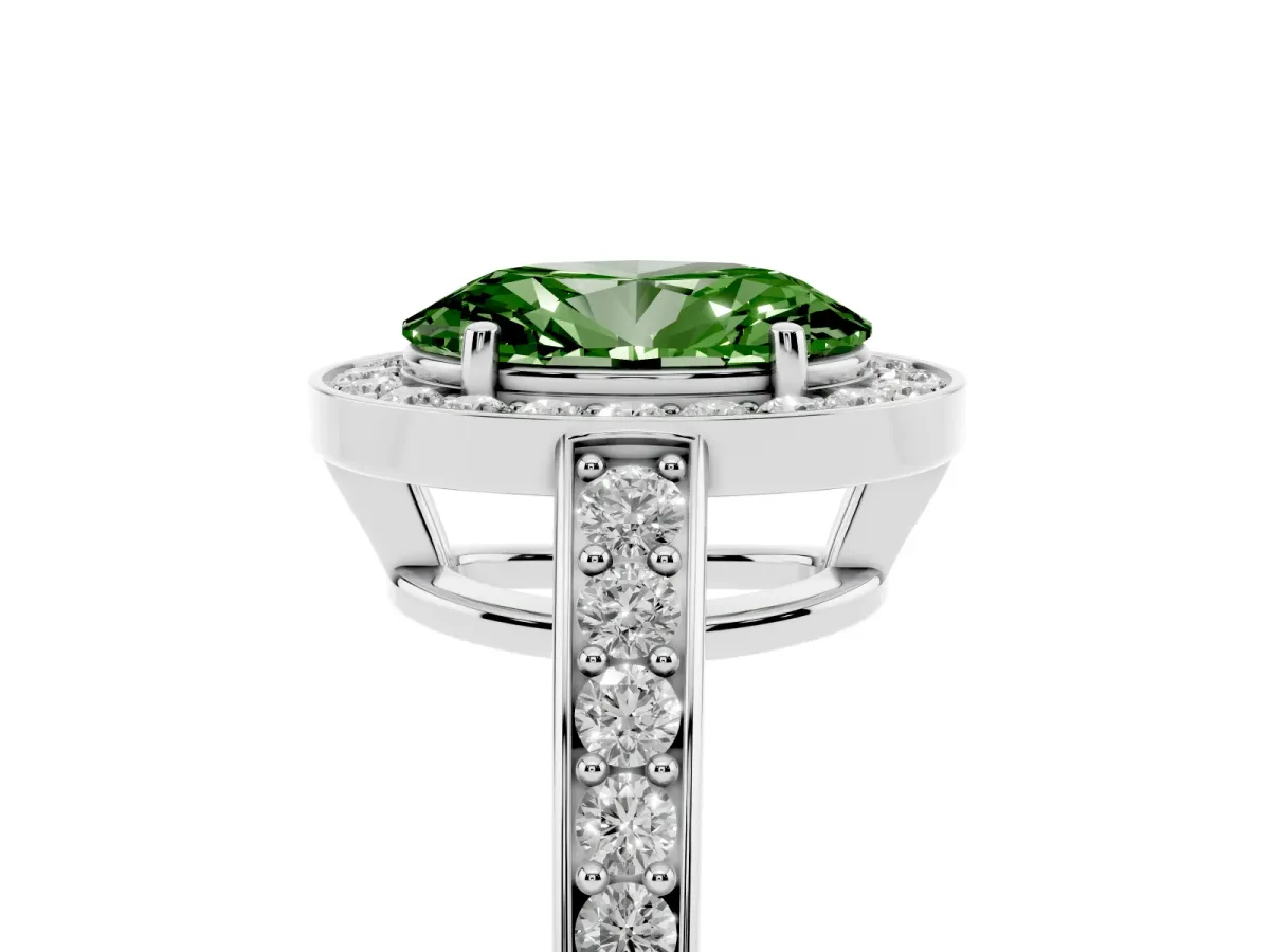 Fancy Green Oval Cut Halo Pavé Diamond Engagement Ring with Bezel Setting Silver