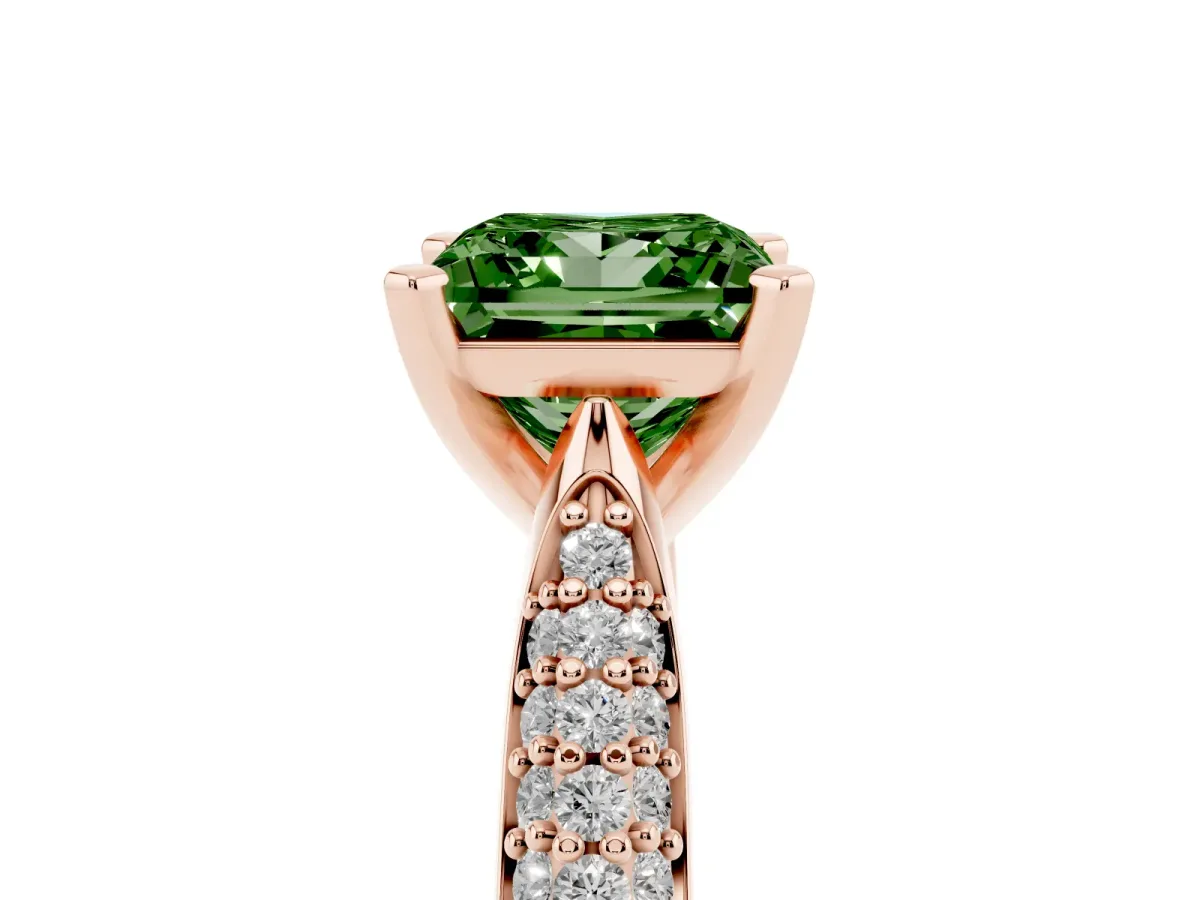 Fancy Green Princess Cut Diamond Solitaire Engagement Ring with Multi-Row Round Pavé Band and Prong Setting Rose gold