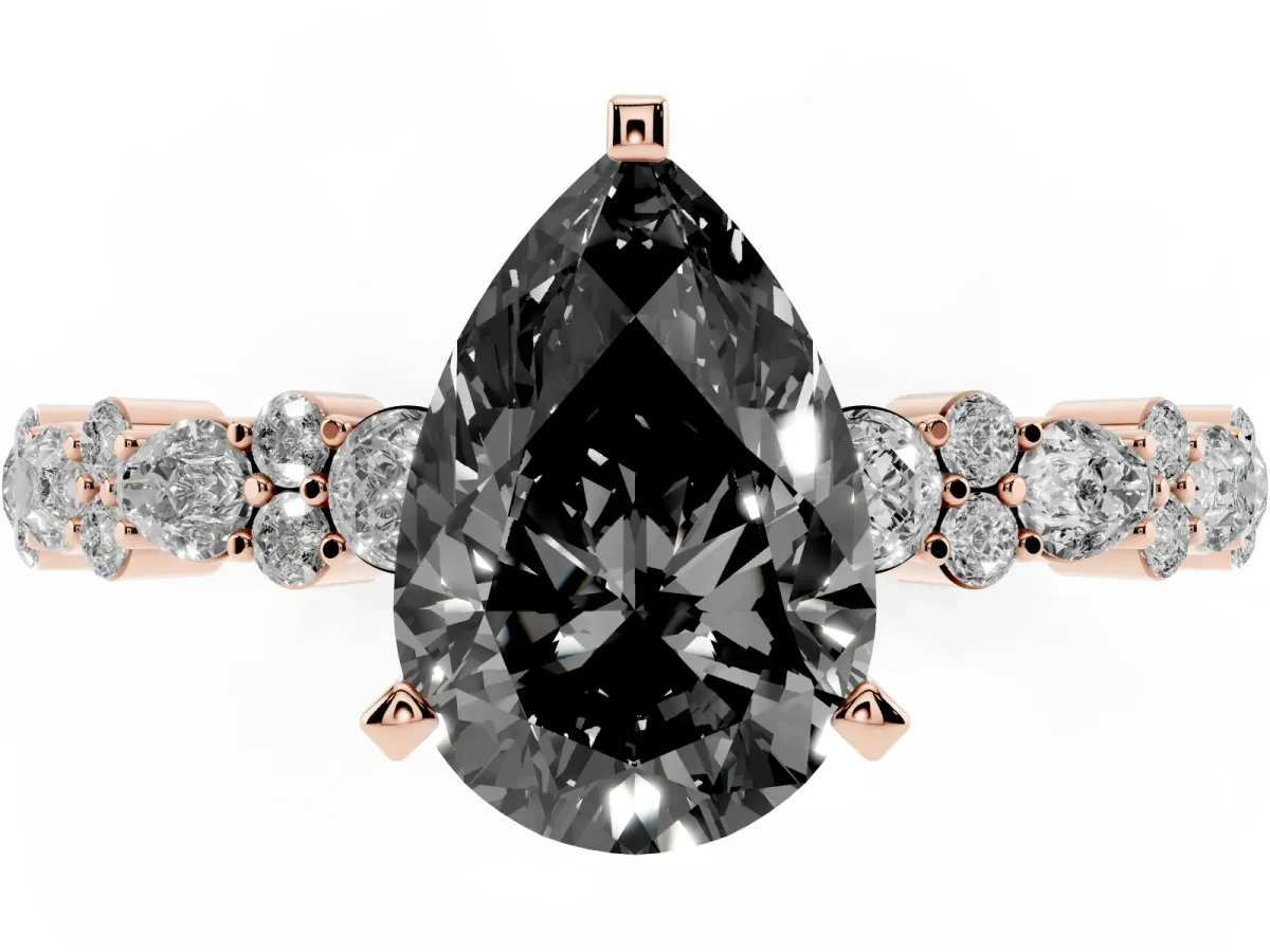 Fancy Black Pear Cut Diamond Side Stone Solitaire Ring with Round and Four-Prong Setting Rose gold