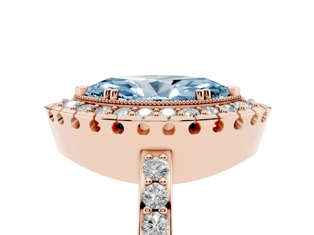 Fancy Blue Marquise Cut Diamond Halo Ring with Pavé Band and Prong Setting Rose gold