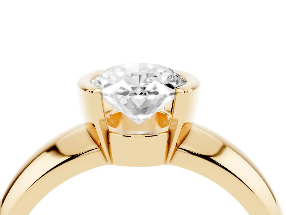 Oval Cut Solitaire Tension Set Diamond Ring with Wide Band Yellow gold