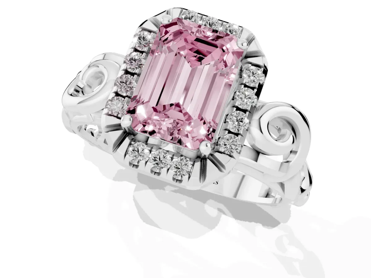 Fancy Pink Emerald Cut Cut Halo Diamond Ring with Scrollwork Band and Four-Prong Setting Silver