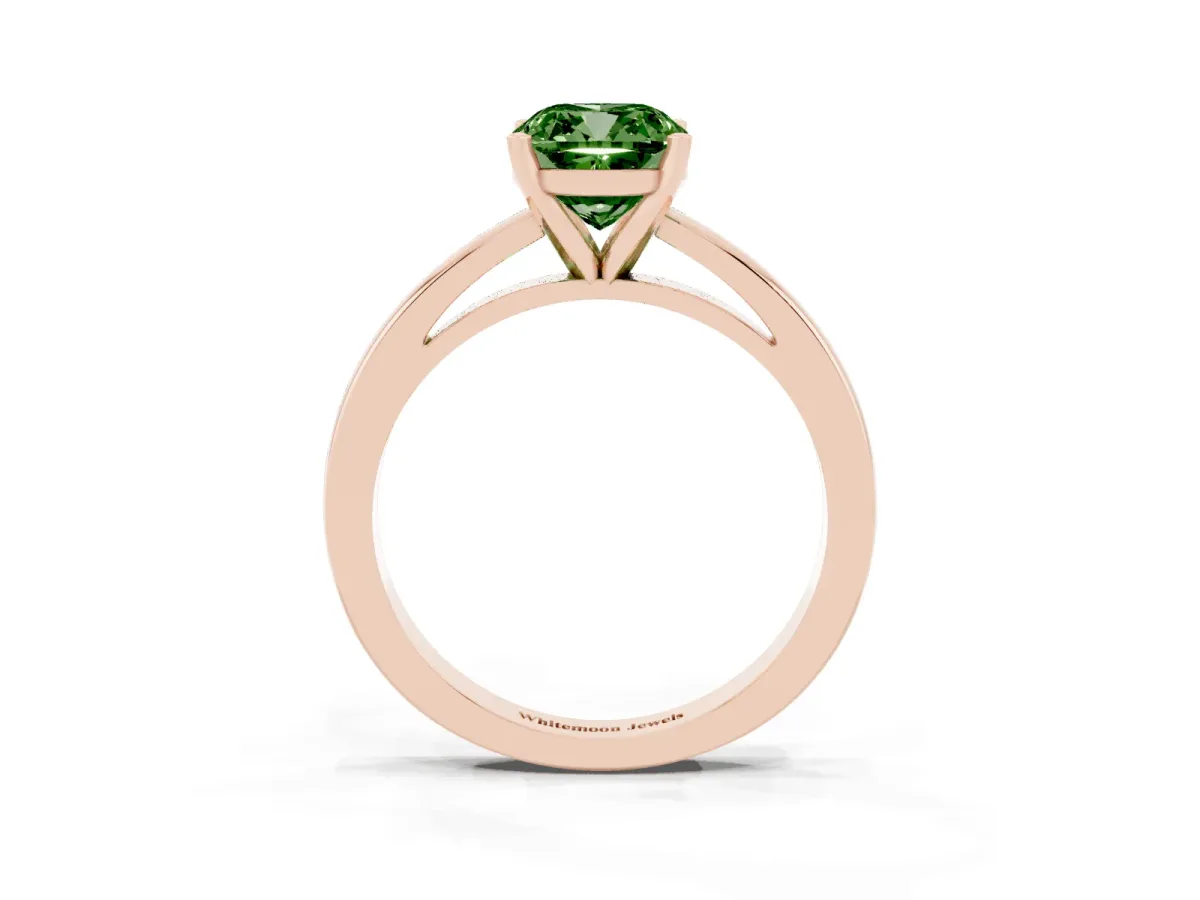 Fancy Green Cushion Cut Solitaire Diamond Engagement Ring with Four-Prong Setting on a Classic Band Rose gold