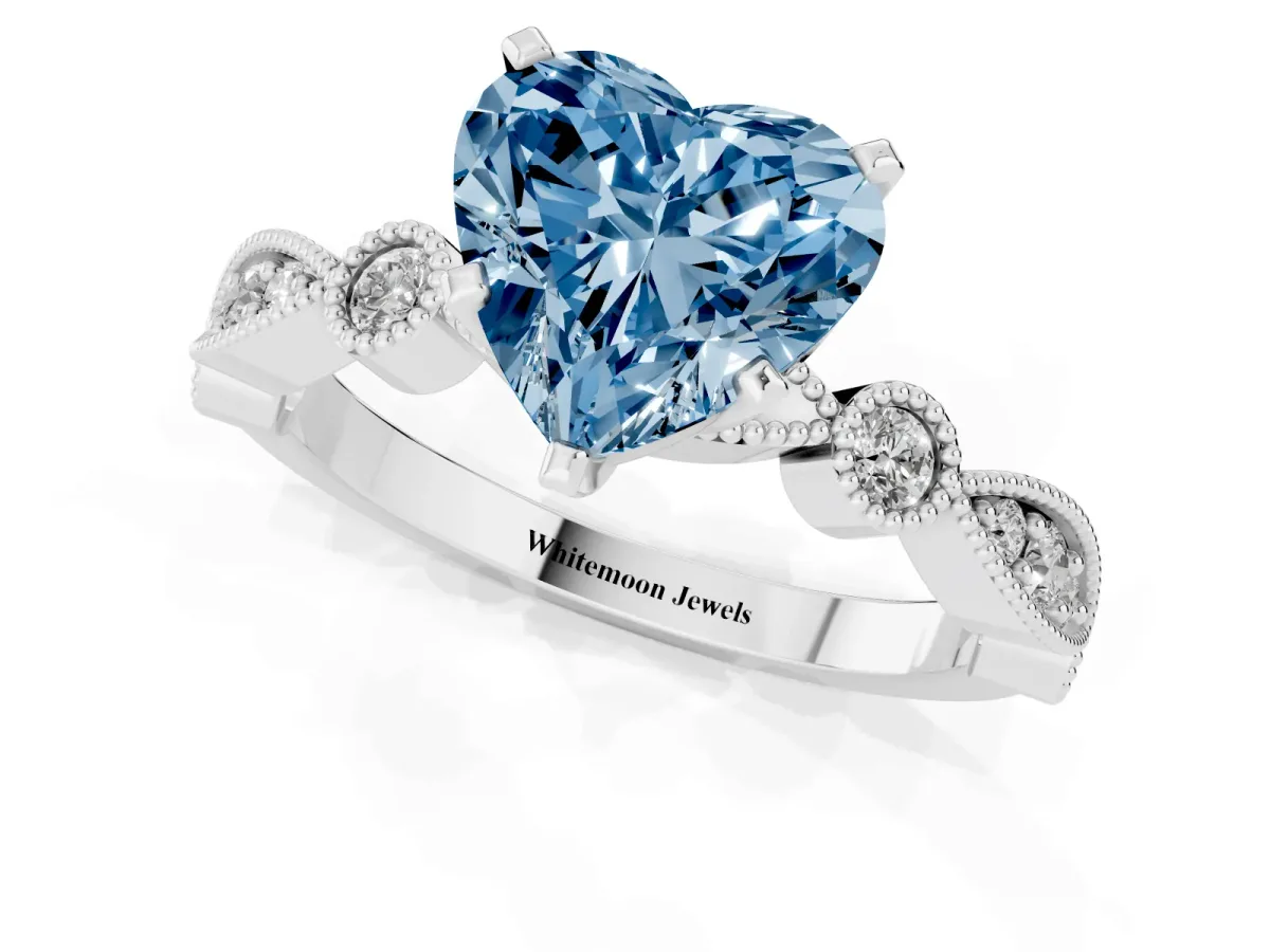 Fancy Blue Heart Cut Milgrain Bezel Diamond Engagement Ring with Solitaire Prong Setting Silver