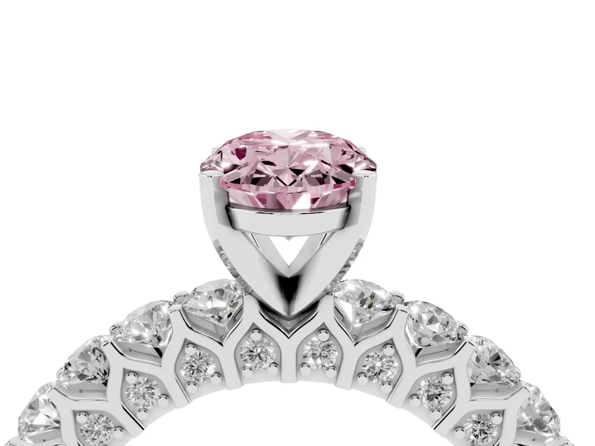 Fancy Pink Oval Cut Diamond Solitaire Ring with Shared Prong Pavé Band and Four-Prong Setting Silver