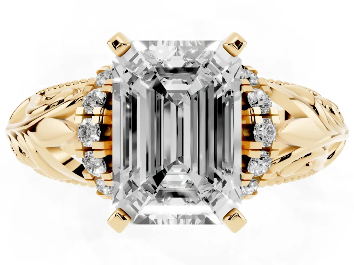 Emerald Cut Solitaire Filigree Engagement Ring with Halo and Prong Setting Yellow gold