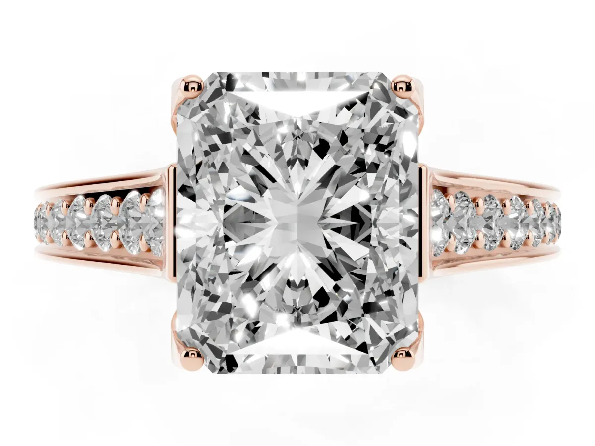 Radiant Cut Brilliant Cut Diamond Engagement Ring with Pavé Band and Four-Prong Setting Rose gold