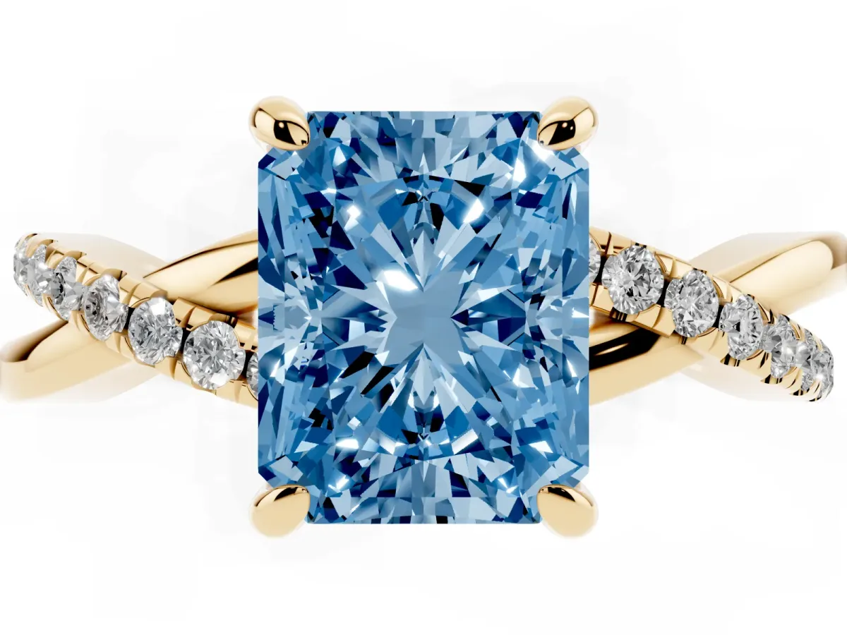 Fancy Blue Radiant Cut Cut Diamond Twist Band Solitaire with Prong Setting Yellow gold