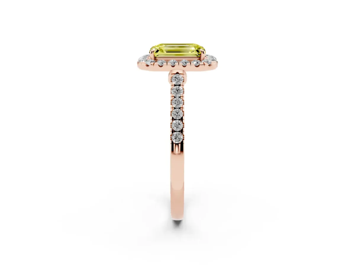 Fancy Yellow Emerald Cut Halo Pave Diamond Engagement Ring with Four-Prong Setting Rose gold