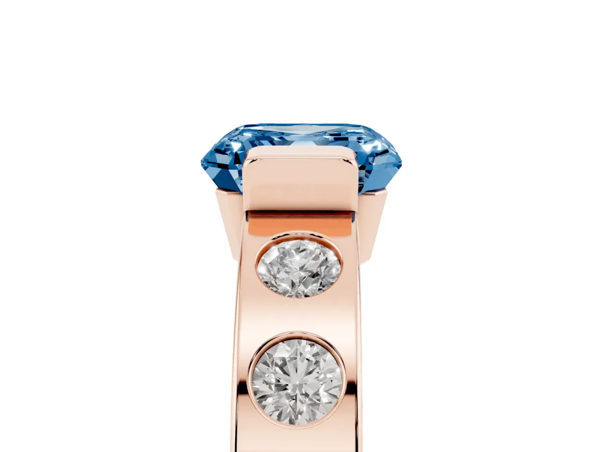 Fancy Blue Asscher Cut Brilliant Channel-Set Diamond Ring with Bezel Prong Setting Rose gold