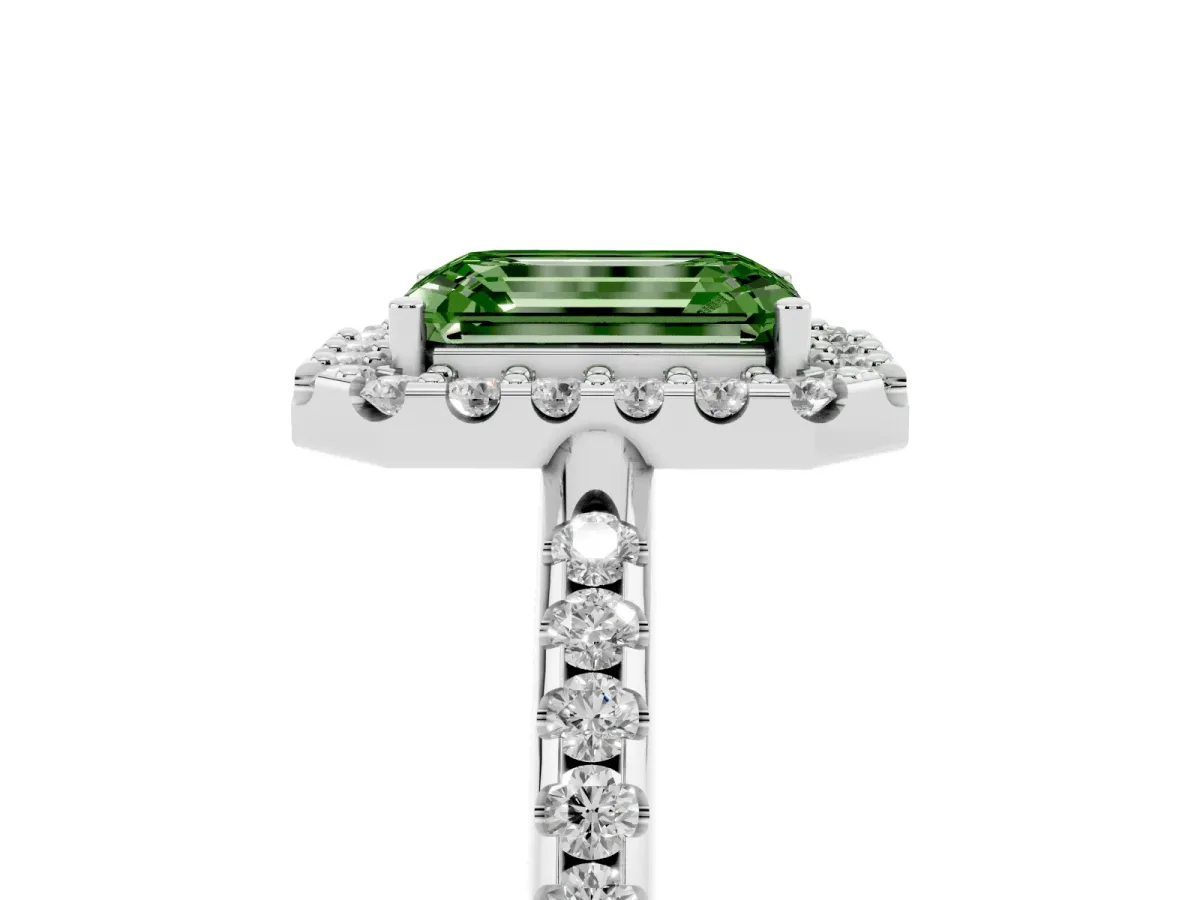 Fancy Green Emerald Cut Diamond Pavé Halo Ring with Four-Prong Setting Silver