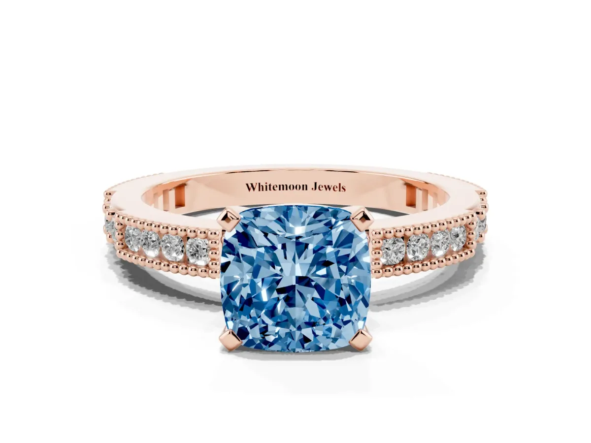 Fancy Blue Cushion Cut Solitaire with Pavé Band and Four-Prong Setting Rose gold