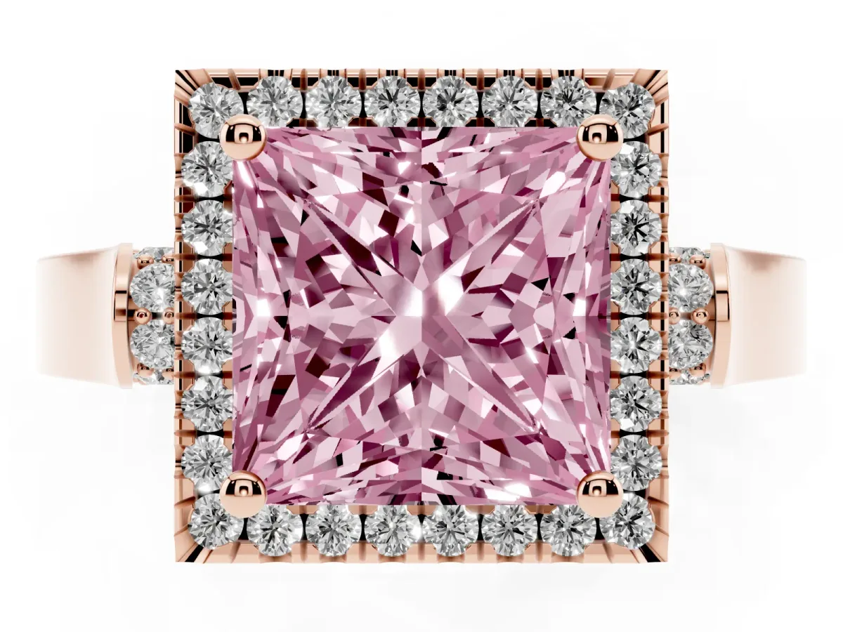 Fancy Pink Princess Cut Halo Round Diamond Twist Band with Four-Prong Setting Rose gold
